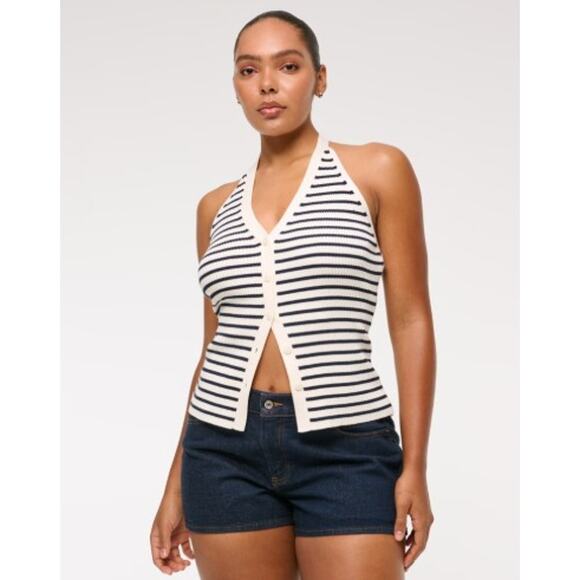 Abercrombie & Fitch Ribbed Halter Sweater Vest Navy Stripe Women’s Small - Picture 2 of 12